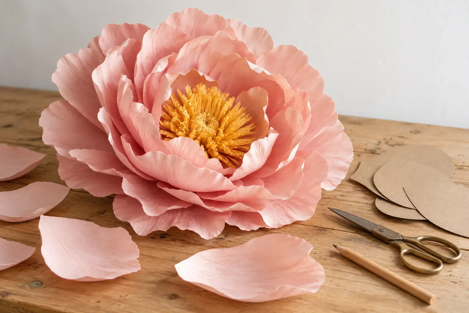 Fleur en papier géante rose pâle posée sur une table avec gabarits de pétales et ciseaux